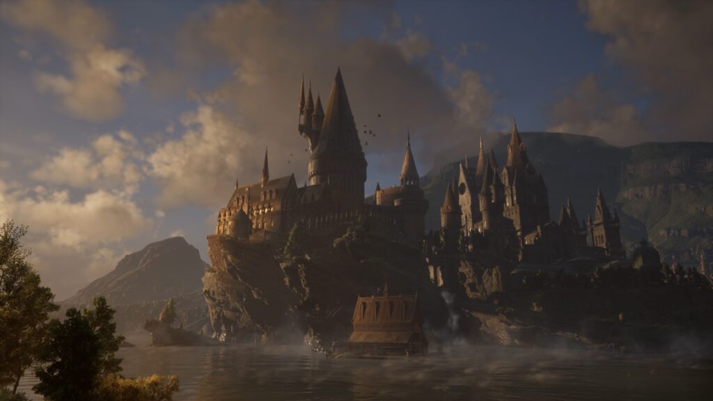 Image montrant une vue paysage du château de Poudlard, dans le jeu Hogwarts Legacy : l'Héritage de Poudlard