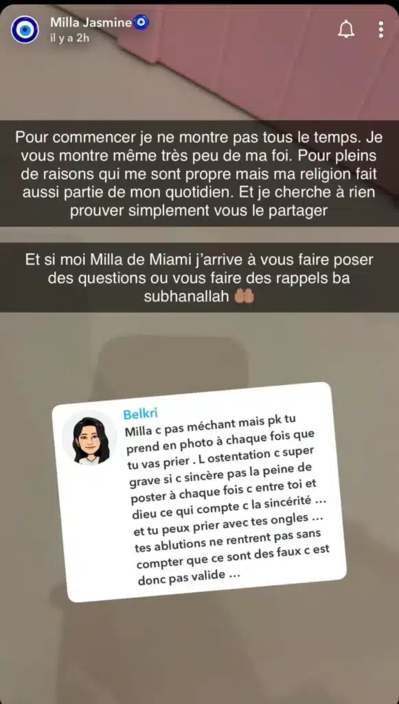 Milla Jasmine s'exhibe en priant, un internaute la recadre et elle réplique