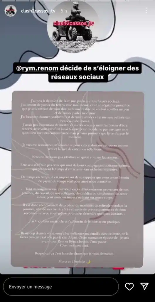"Juste une réalité de vouloir souffler un peu" : Cette décision radicale prise par Rym Renom