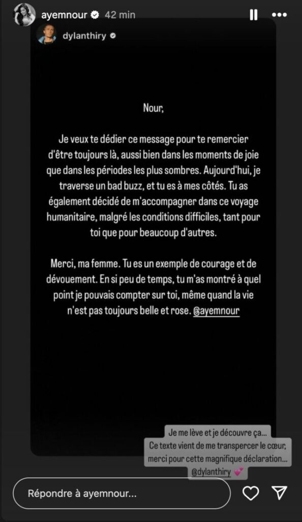 Dylan Thiry adresse un message bouleversant à Ayem Nour, “Merci ma femme”